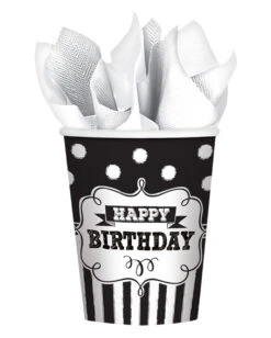 Happy Birthday Pappbecher Schwarz-weiß 8 St.