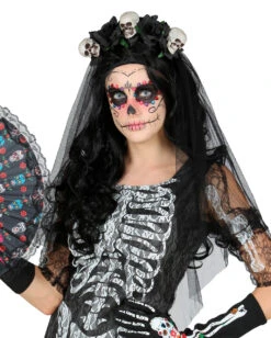 Schwarzer Brautschleier Mit Totenköpfen -Schattenfest Verkäufe schwarzer brautschleier mit totenkoepfen black veil with skulls halloween kostuemzubehoer 37534 3