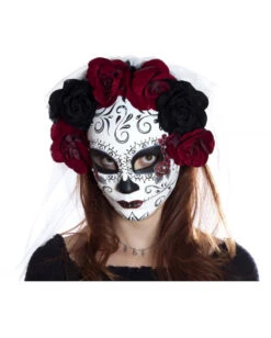 Sugar Skull Maske Mit Blüten & Schleier 7 Sugar Skull Maske Mit Blüten & Schleier -Schattenfest Verkäufe sugar skull maske mit blueten und schleier day of the dead mask with roses and veil 50515 04